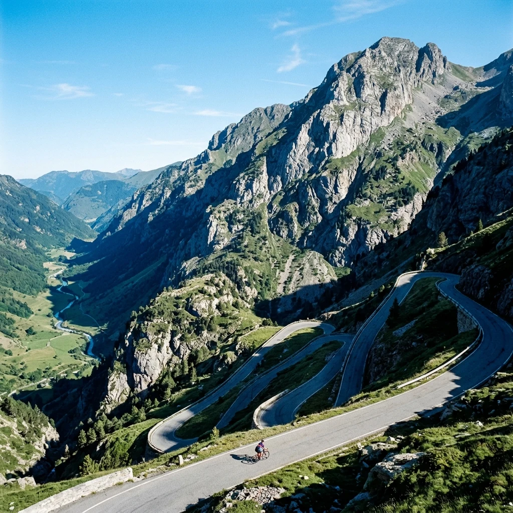 A lone cyclist conquering a famous steep switchback pass in the Pyrenees