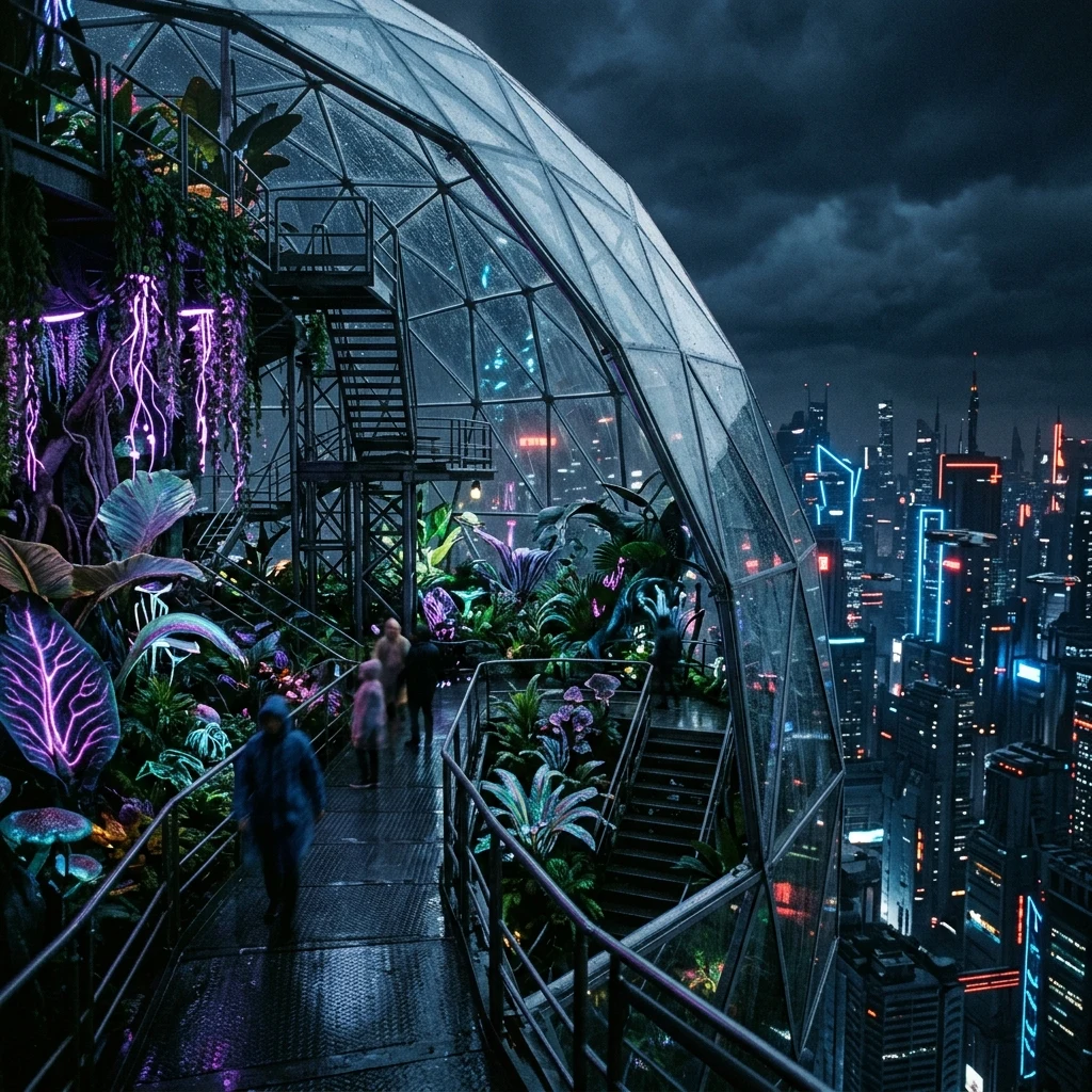 Glowing garden inside a glass dome
