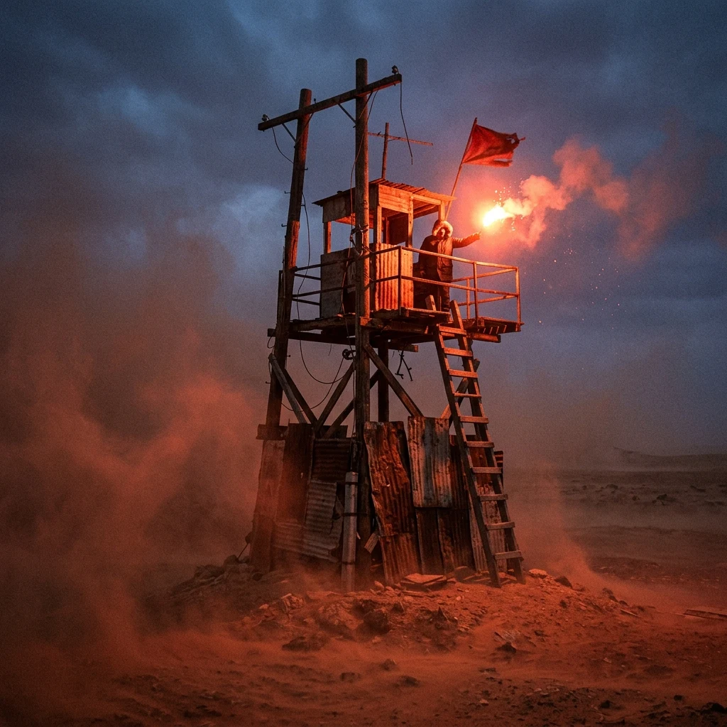 Watchtower glowing during a desert dust storm