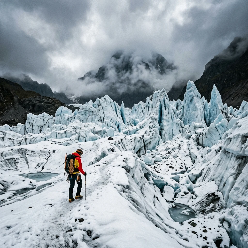 Mountaineer crossing a vast icy glacier