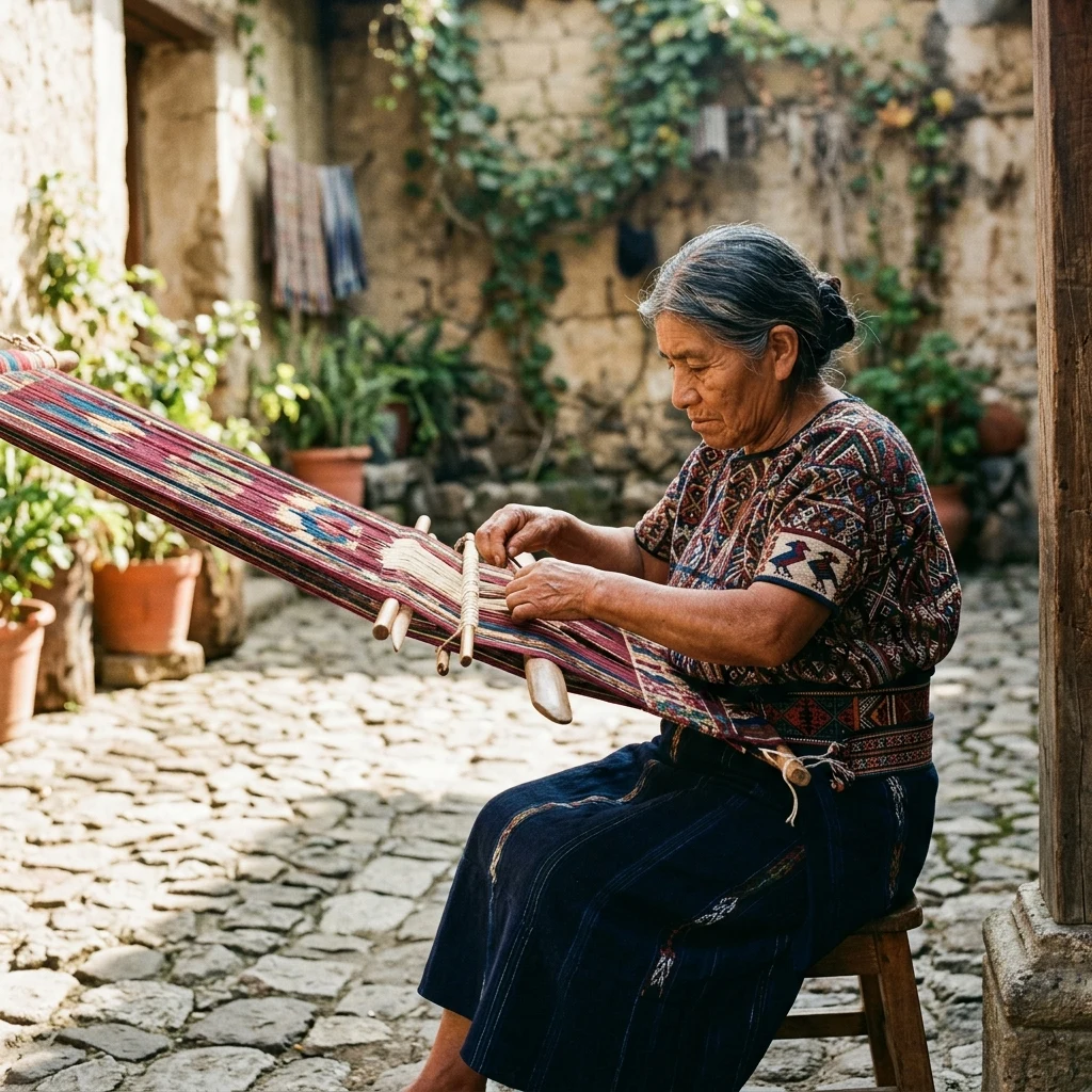 A Guatemalan Maya woman weaving on a backstrap loom