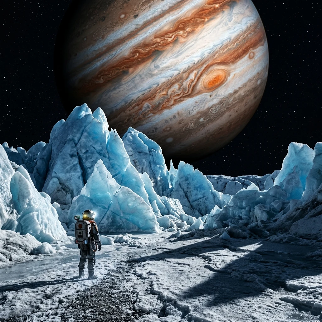 A surface render standing among towering blue water-ice hummocks in Boreas Montes on…