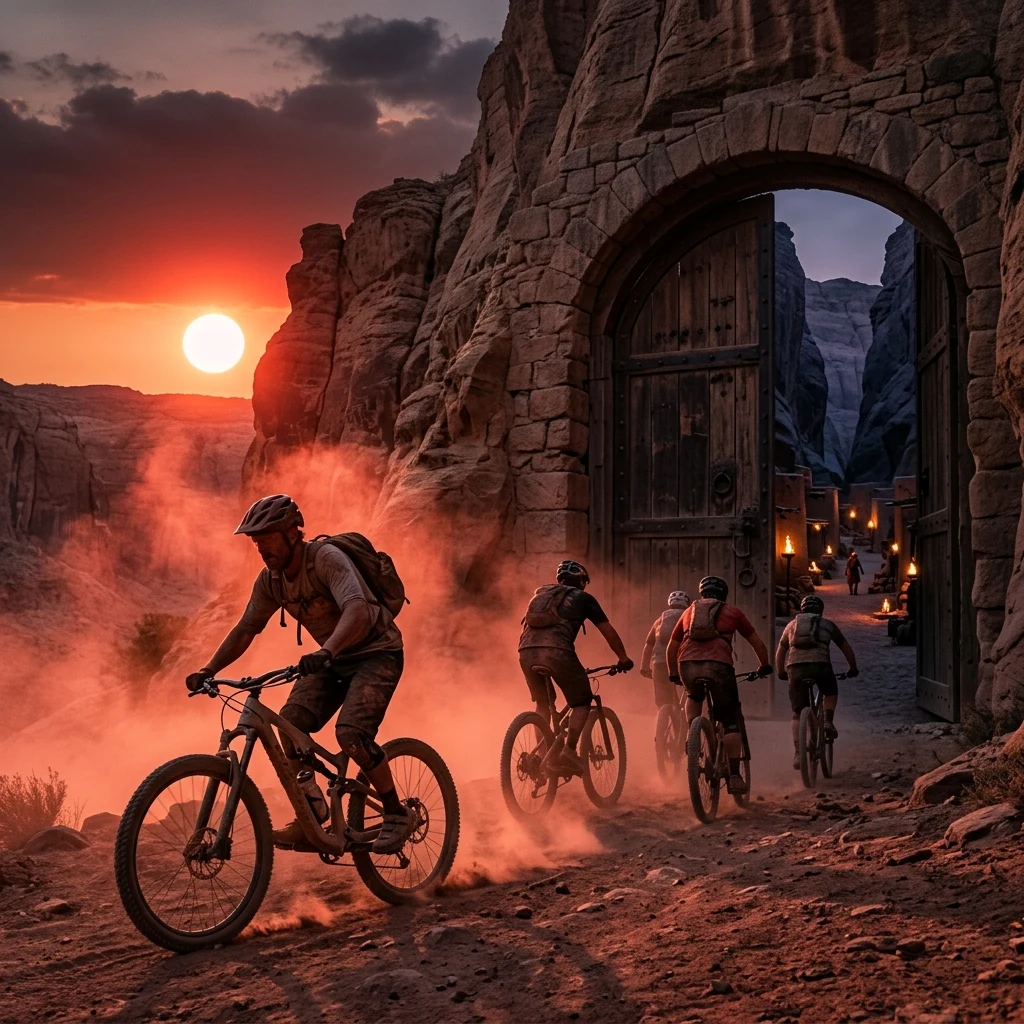 A mountain bike patrol returning to a hidden oasis village at dusk