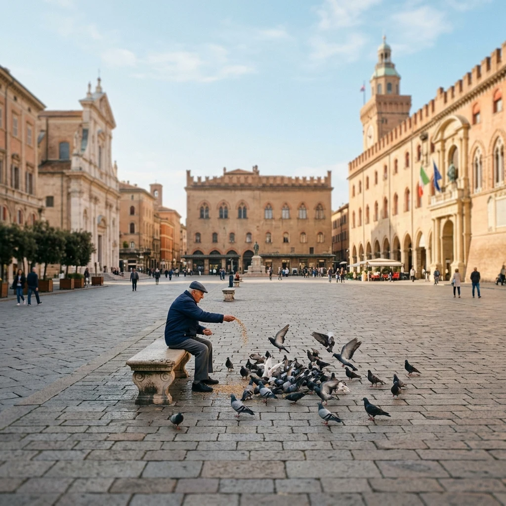 An elderly man feeding pigeons on a plaza bench