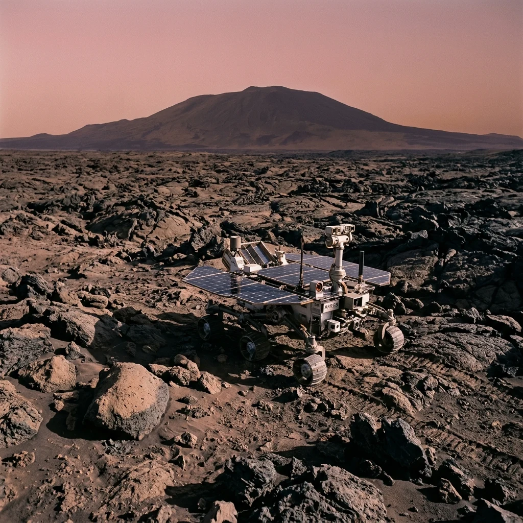 A futuristic Martian rover traversing a rocky basalt lava field at the base of Pavonis…