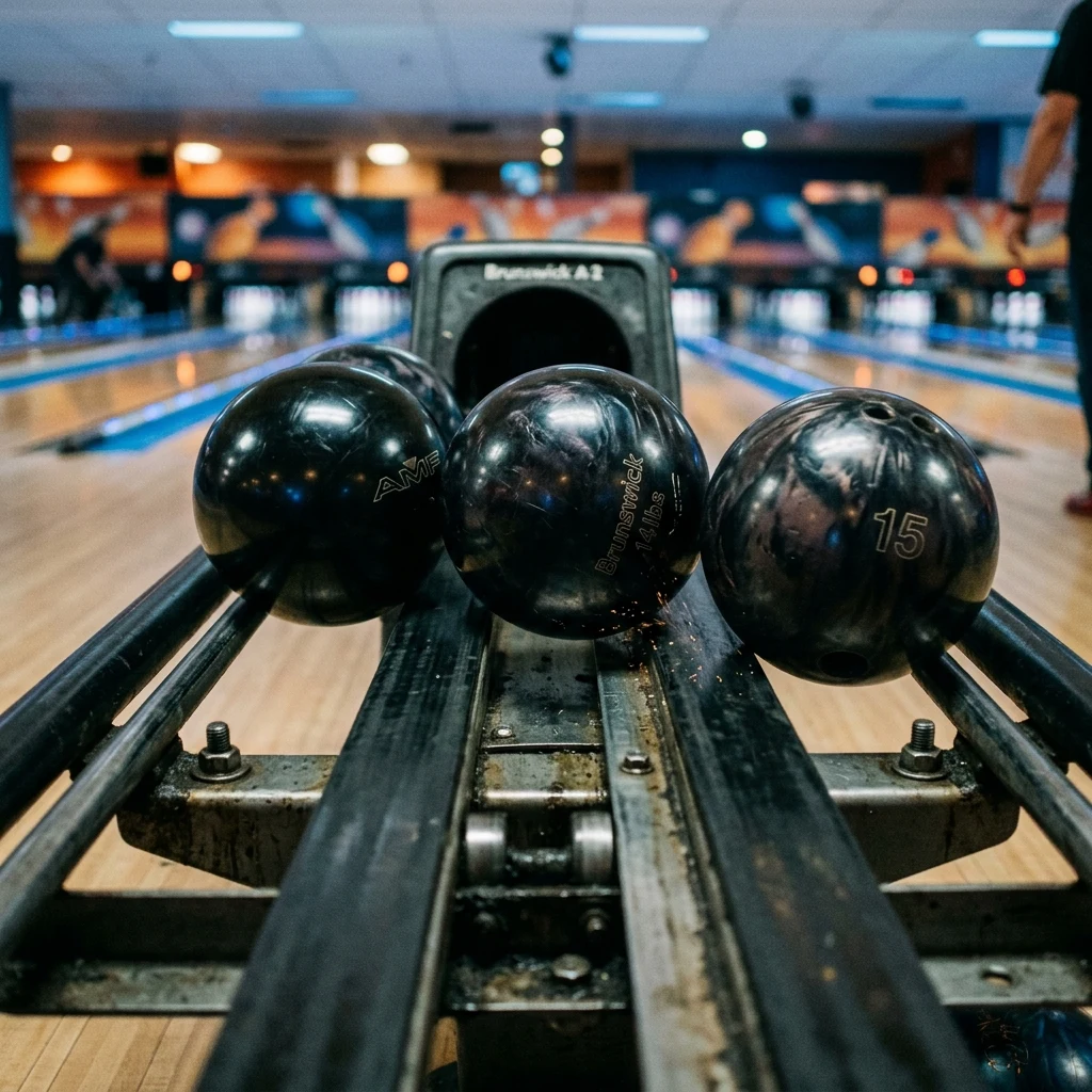 A bowling alley ball-return machine in mid-action