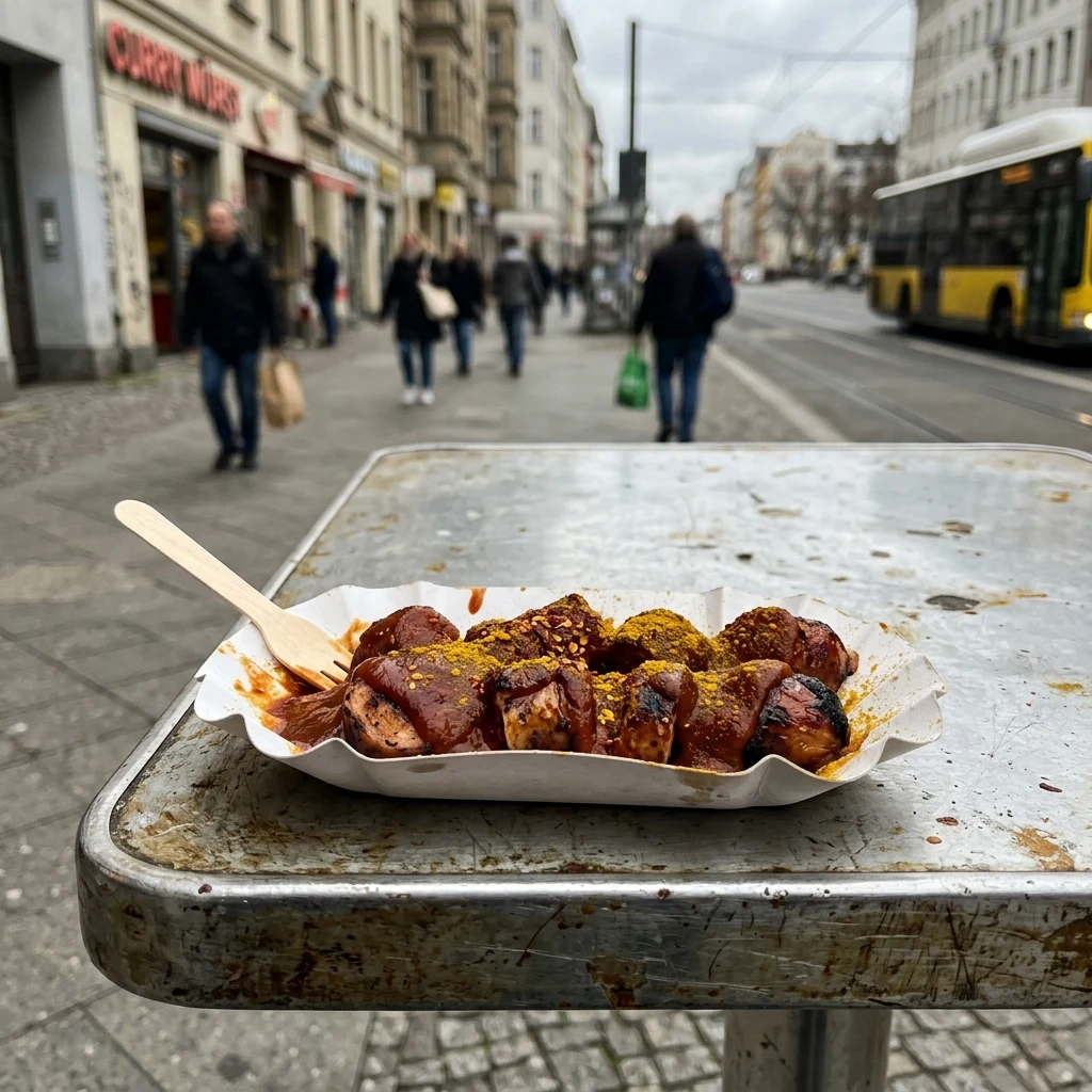 Classic currywurst on a city sidewalk