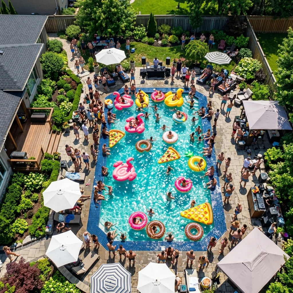 An overhead drone photograph of a pool party