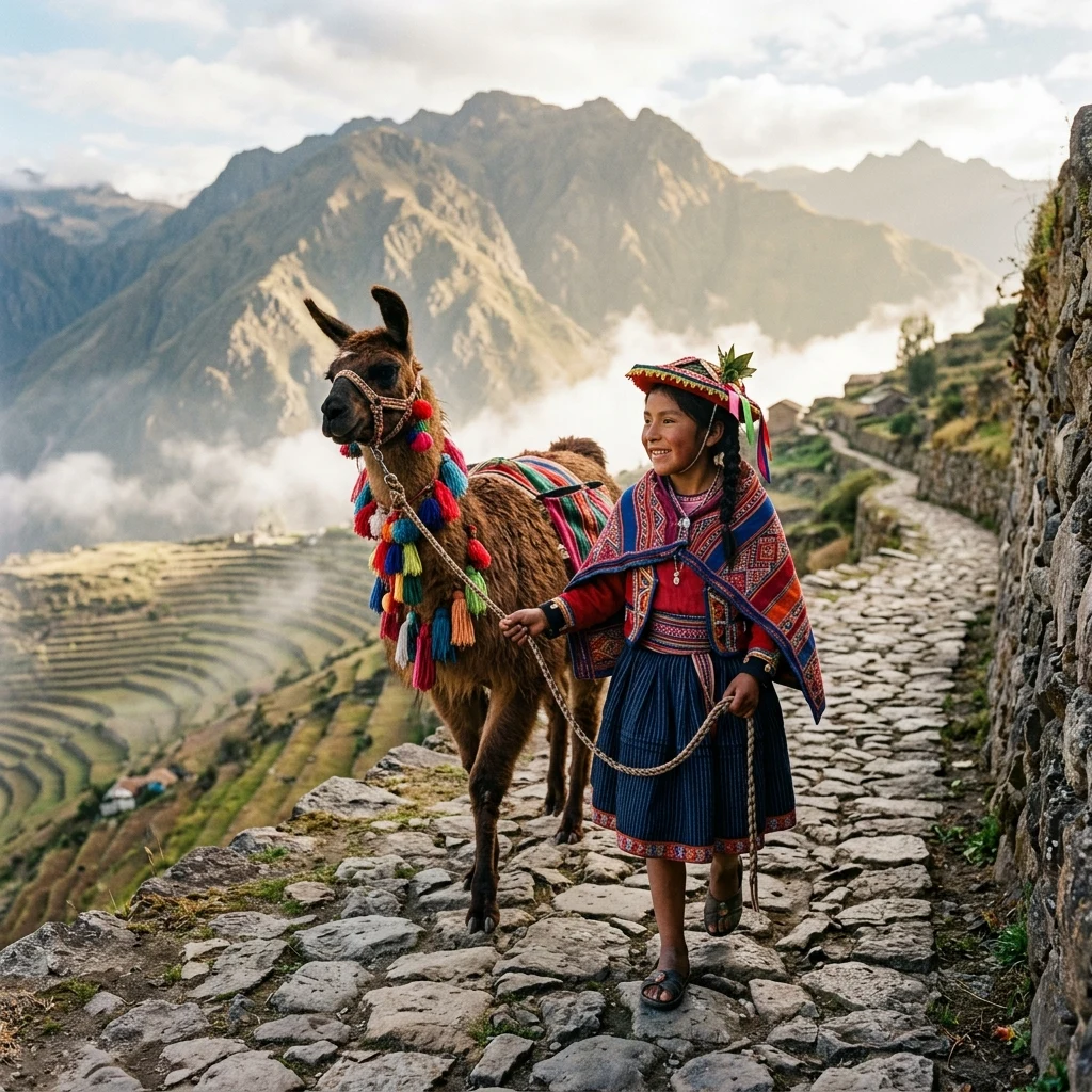 A young Quechua girl in bright traditional dress leading a decorated llama down a cobbled…