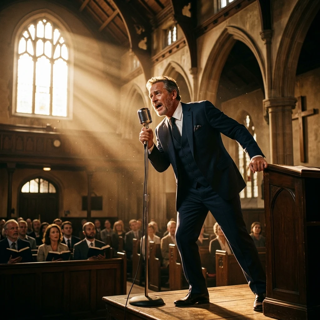 A 1950s radio evangelist in a sharp dark suit leaning heavily into an antique chrome…