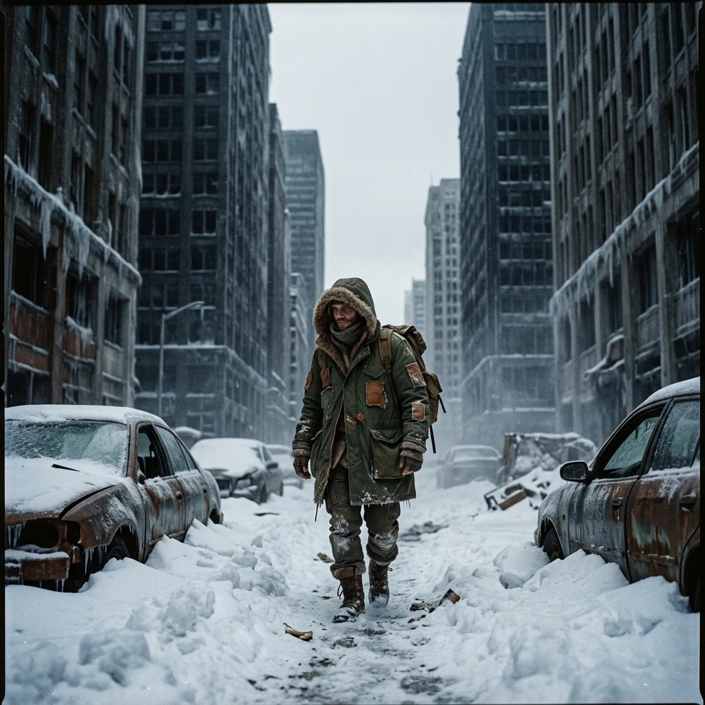 A survivor wrapped in heavy furs and a patched canvas parka walking through a frozen…