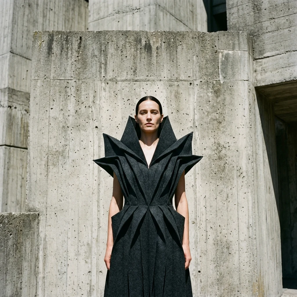 A high-fashion avant-garde gown made from heavy pleated wool felt forming geometric…