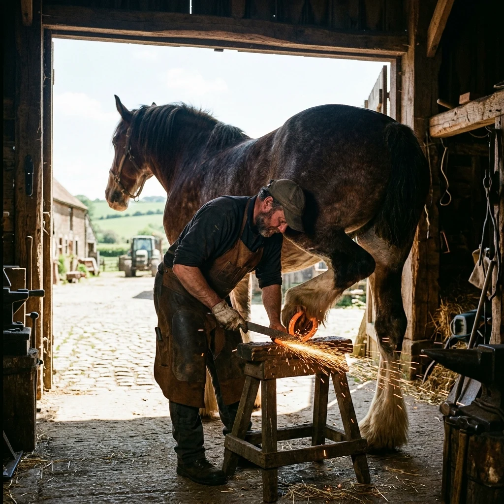 Farrier shaping a horseshoe in a barn