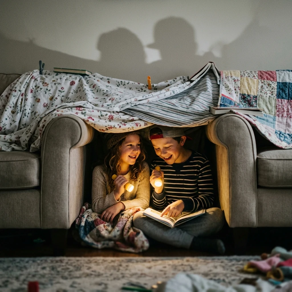 Children playing inside a cozy blanket fort
