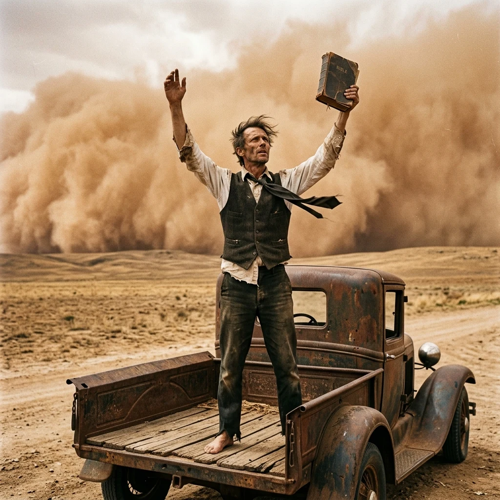 A 1930s dust bowl revivalist standing on the flatbed of a Ford Model A truck