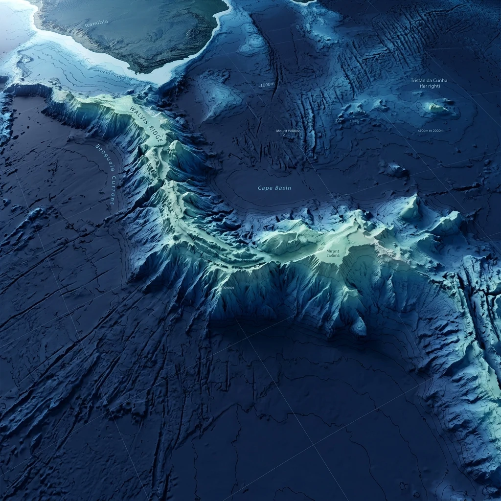 A bathymetric graphic showing the volcanic Walvis Ridge extending from the coast of…