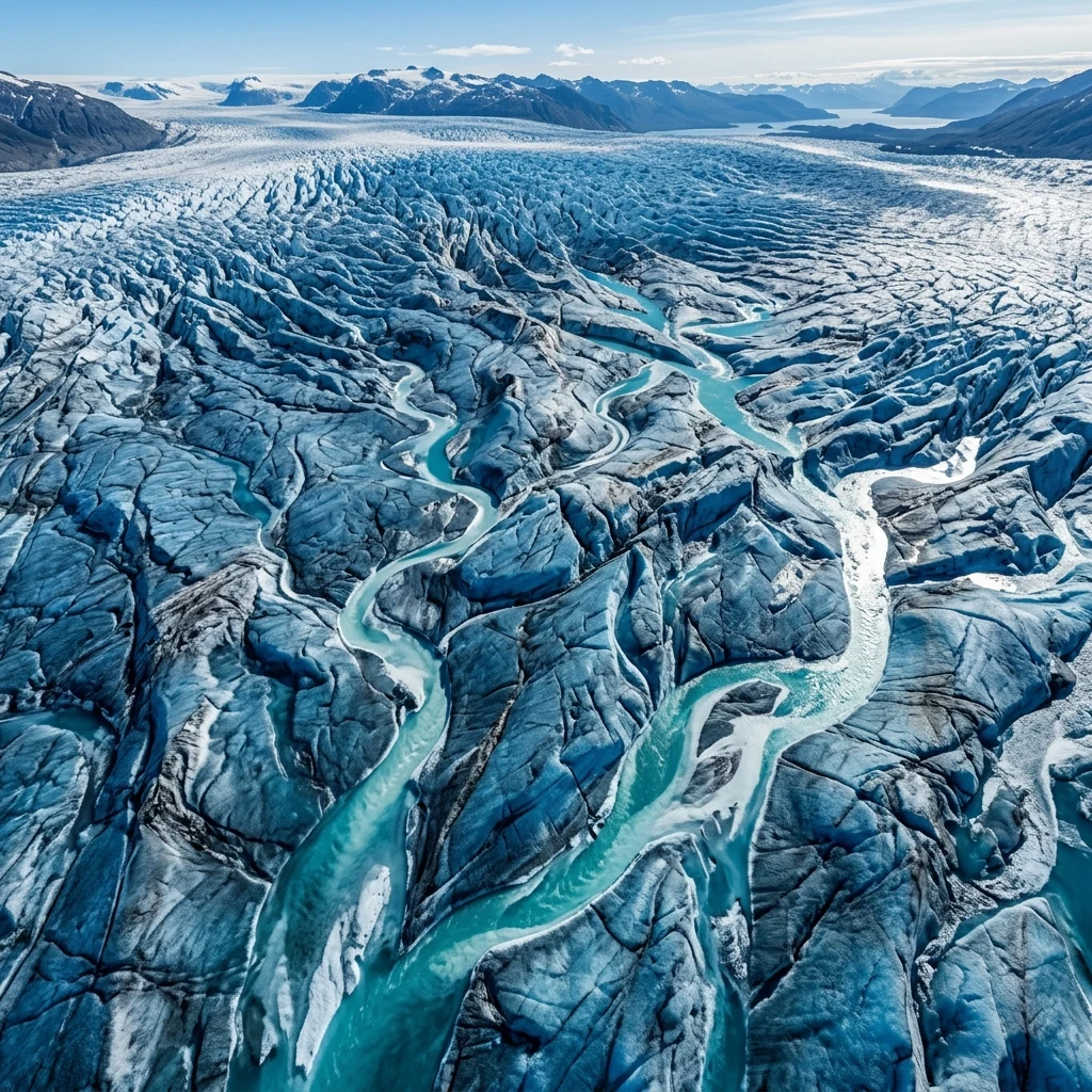 Meltwater channels cut into blue glacier ice