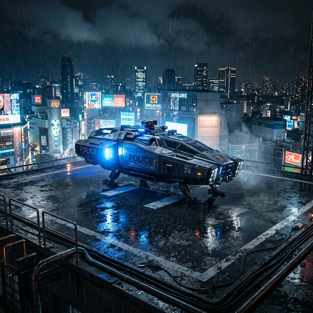 A rain-drenched rooftop landing pad