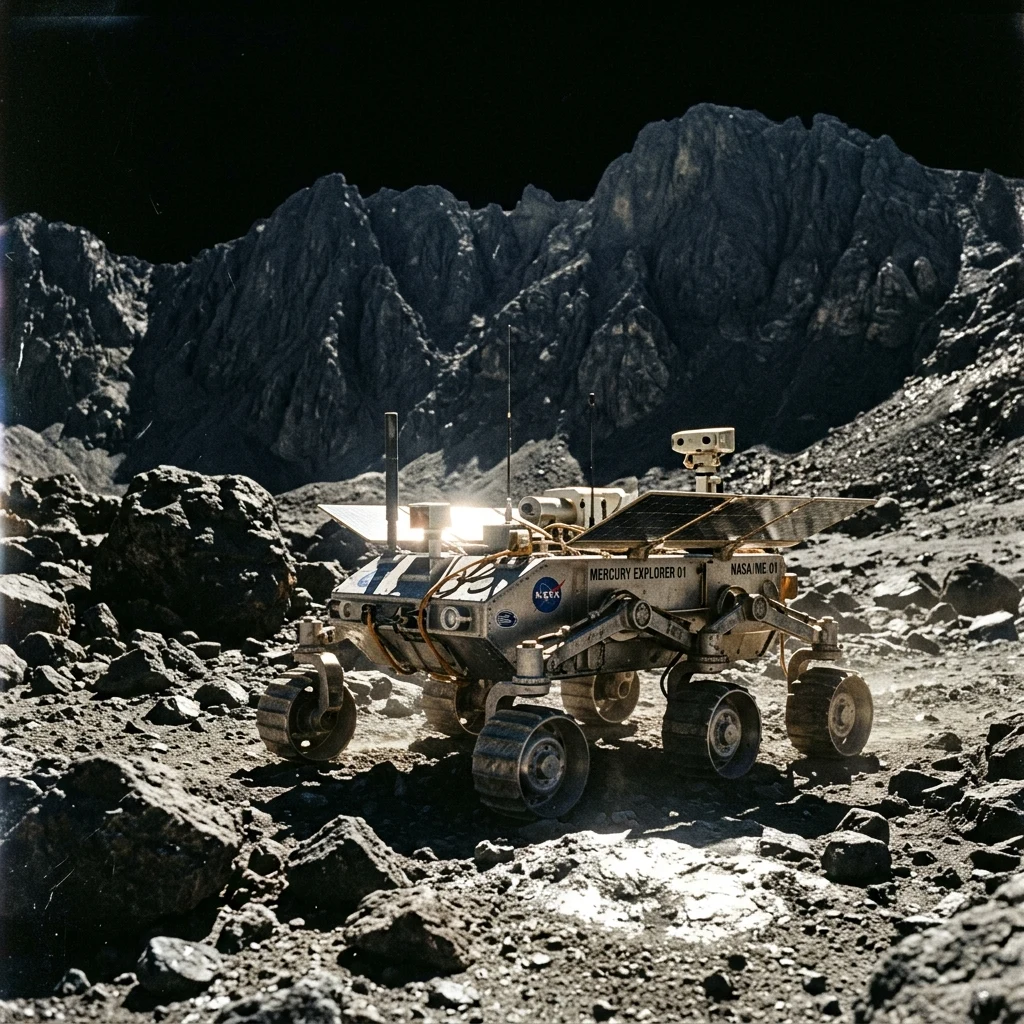 Robotic rover exploring a rocky planet