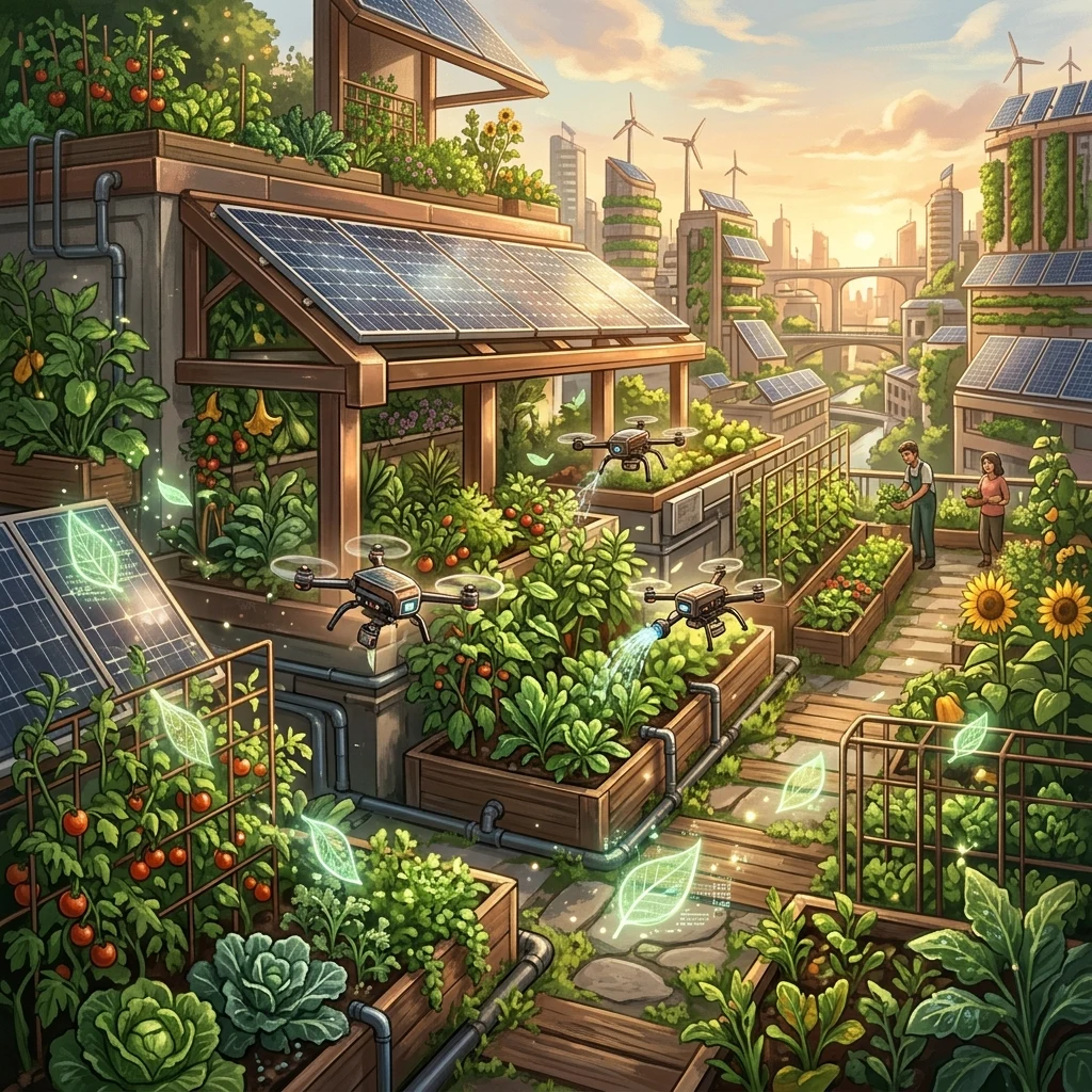 Solar powered garden on a city rooftop