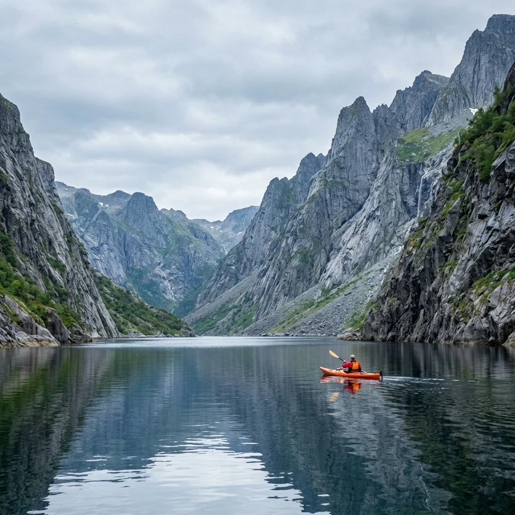 Kayaker paddling through a quiet coastal fjord