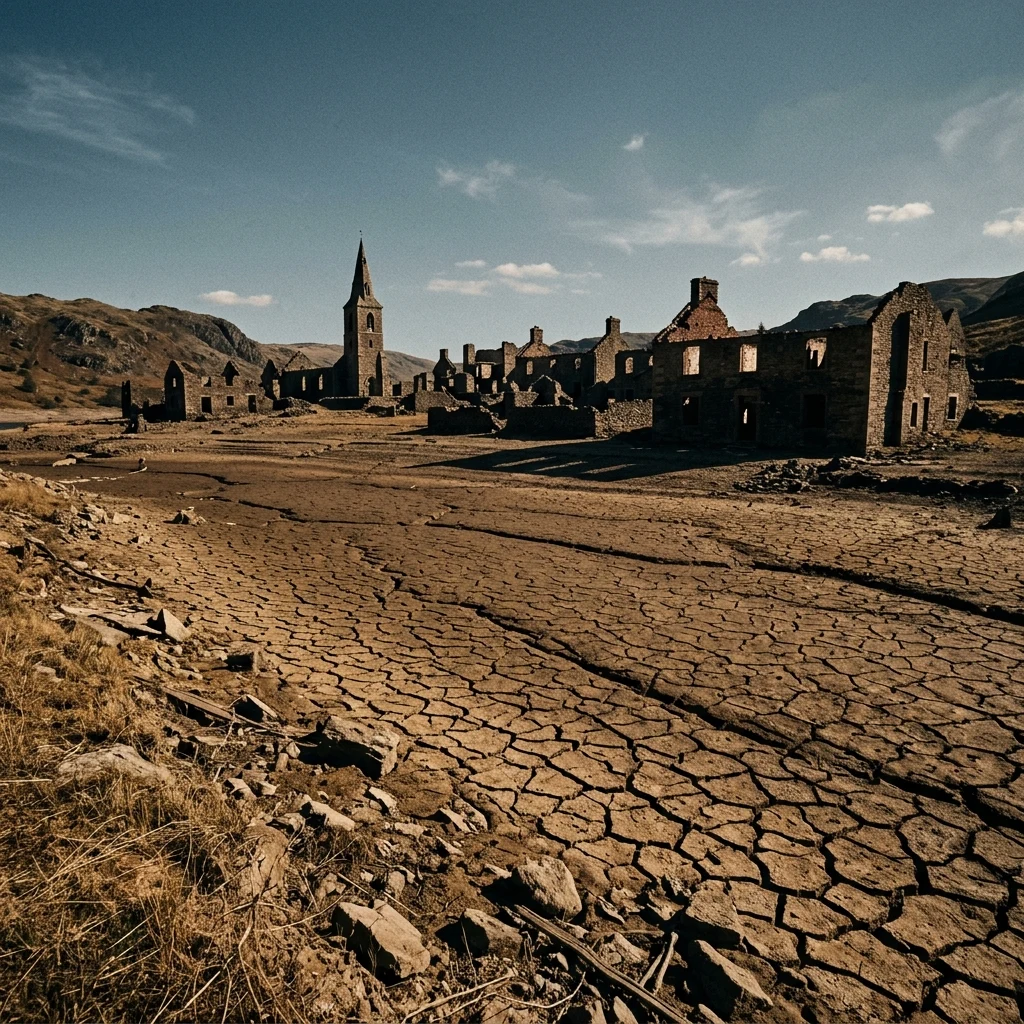 A drained reservoir with a drowned town re-emerged from the cracked mud