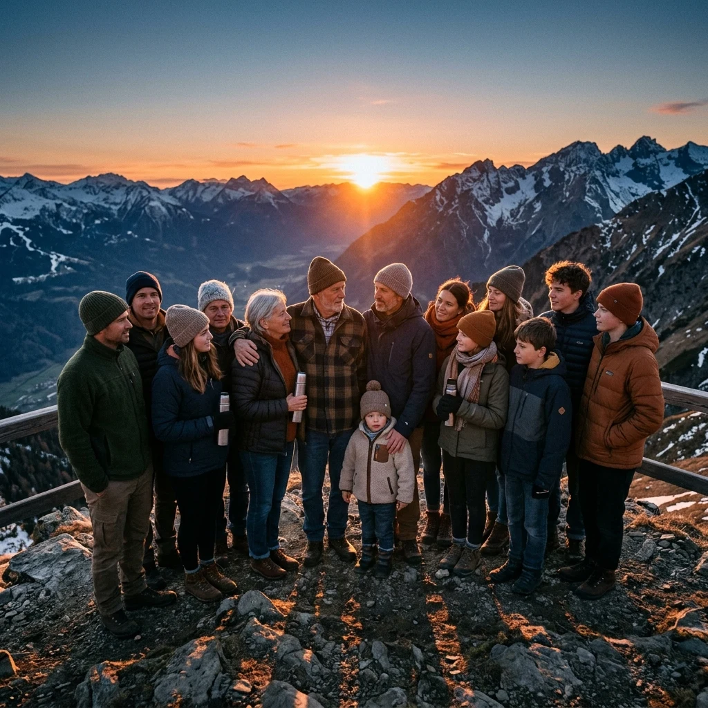 Family watching the sunset from a mountain