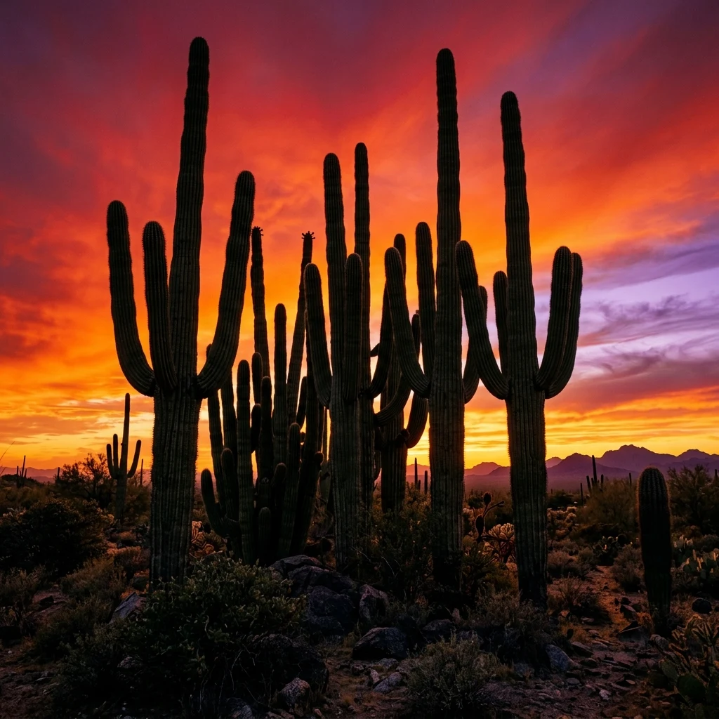 A cluster of giant Saguaro cacti silhouetted against a vibrant fiery orange and purple…