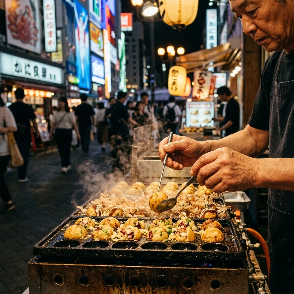 An open-air takoyaki stall in Osaka