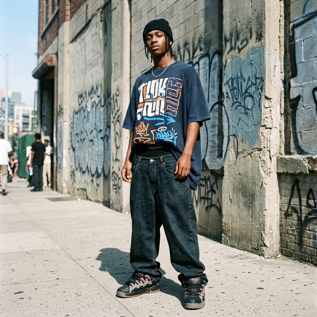 Person in oversized streetwear on a city sidewalk