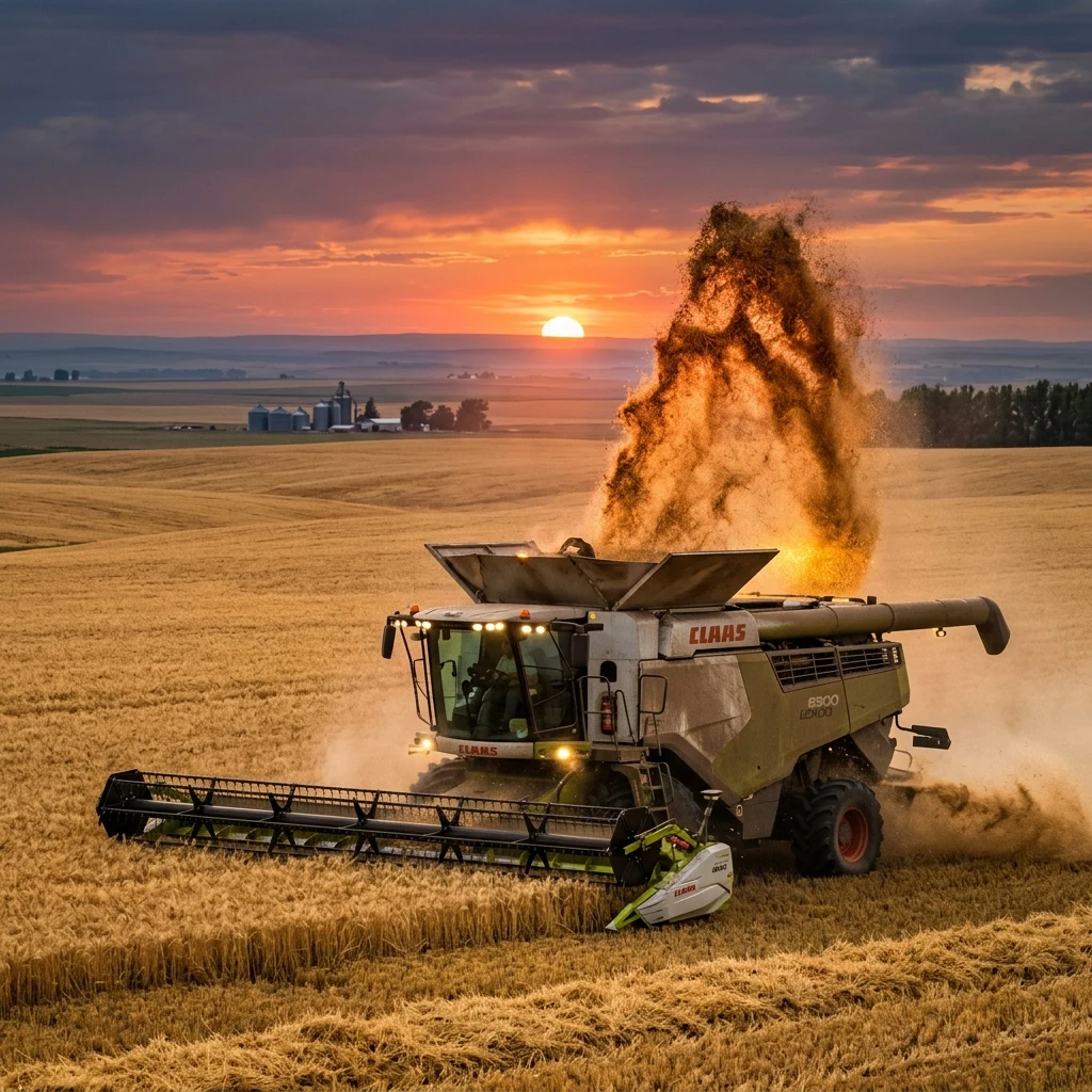 A combine harvester working an endless Kansas wheat field at dusk