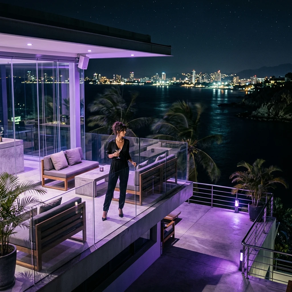 Nighttime view from a tropical rooftop lounge
