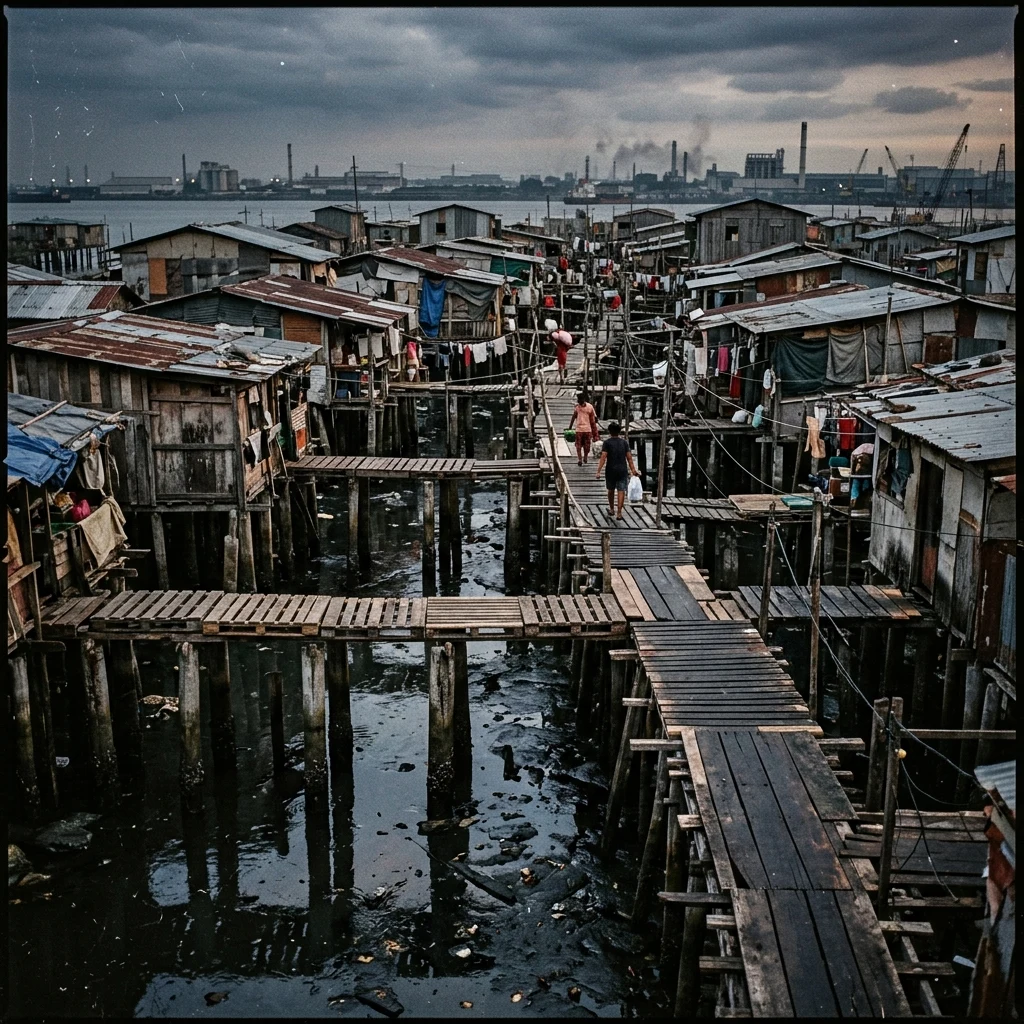 A sprawling coastal shanty town constructed on stilts over a polluted tidal flat