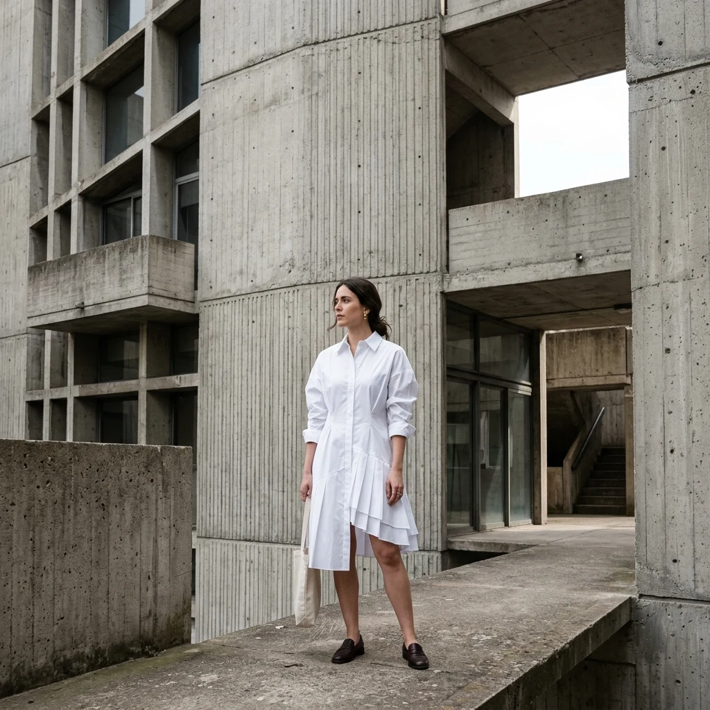 A modern architectural shirt-dress in crisp white poplin with asymmetrical pleated…