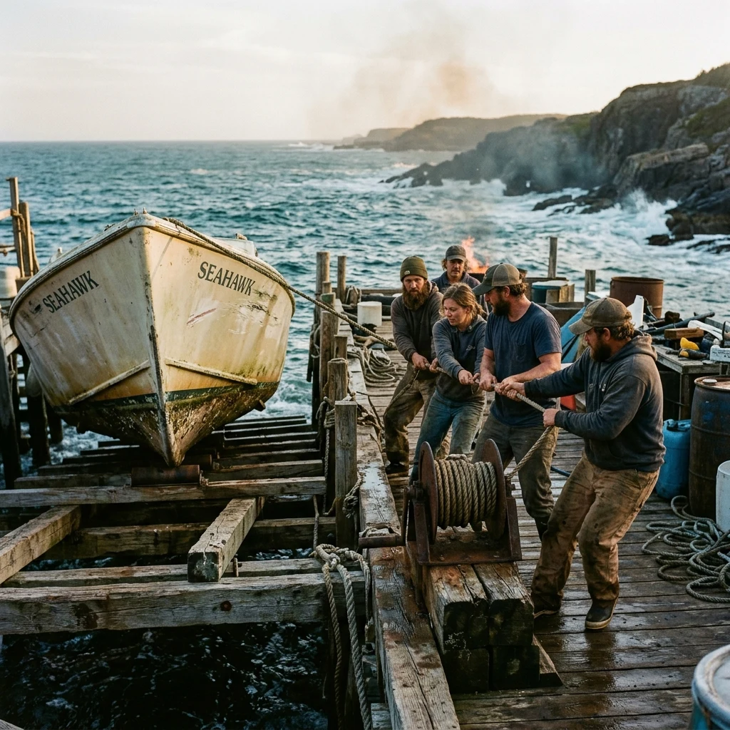 A coastal shanty repair dock where survivors use hand winches to hoist a salvaged…