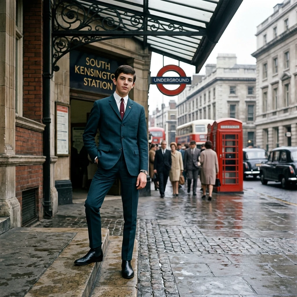 Young person in a suit by a station