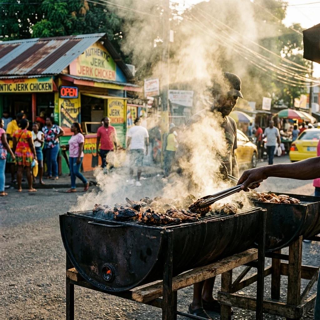 Smoke rising from a street food grill
