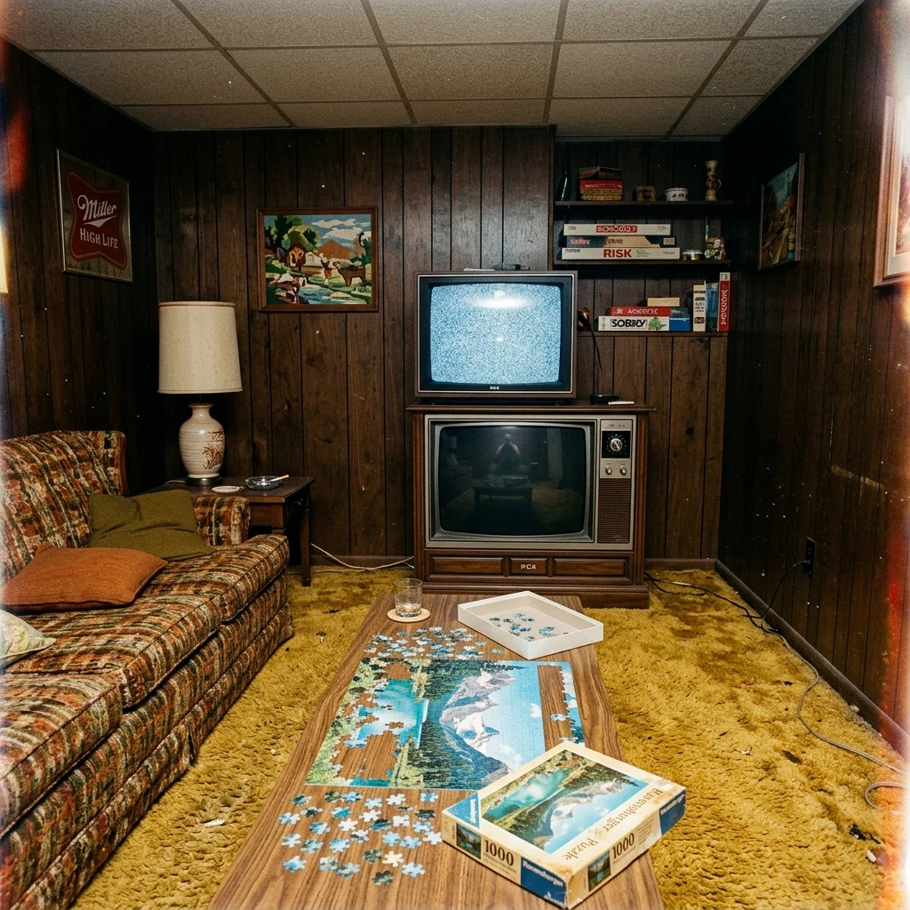A 1970s wood-paneled basement rec room shot on Instamatic flash