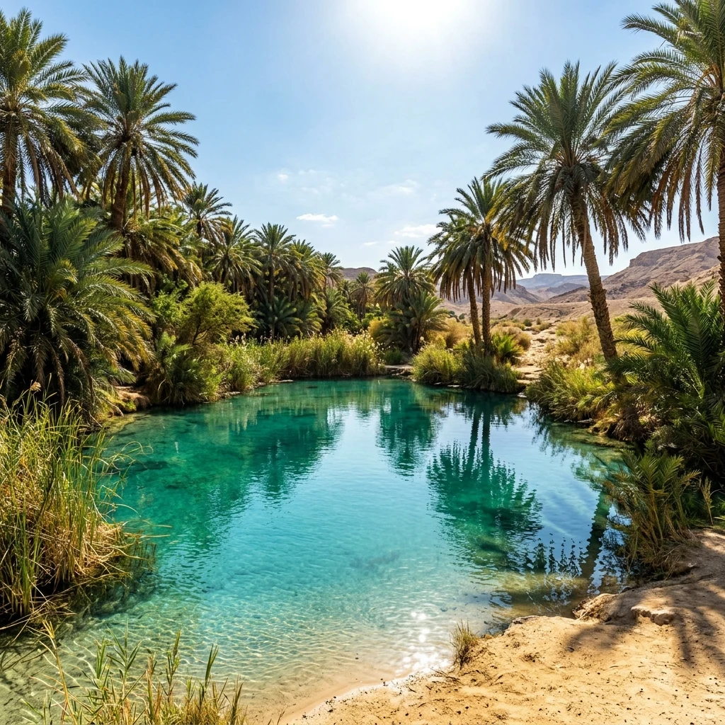 Sunlit oasis pool surrounded by palm trees
