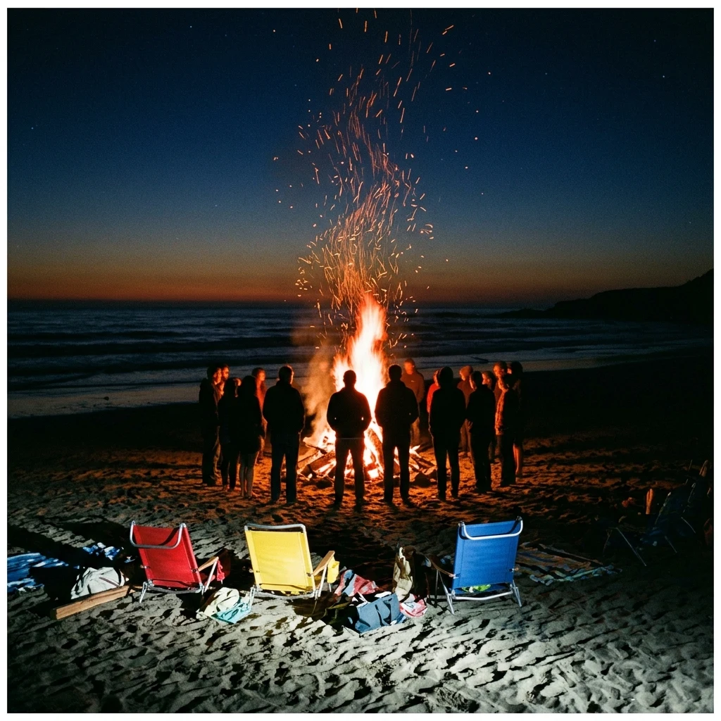 Friends gathered around a bonfire on the beach