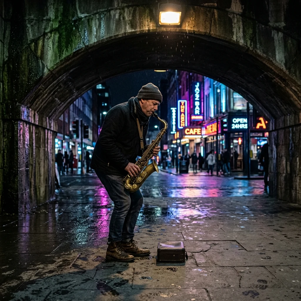 A street musician playing saxophone under a rain-dripping bridge archway at night