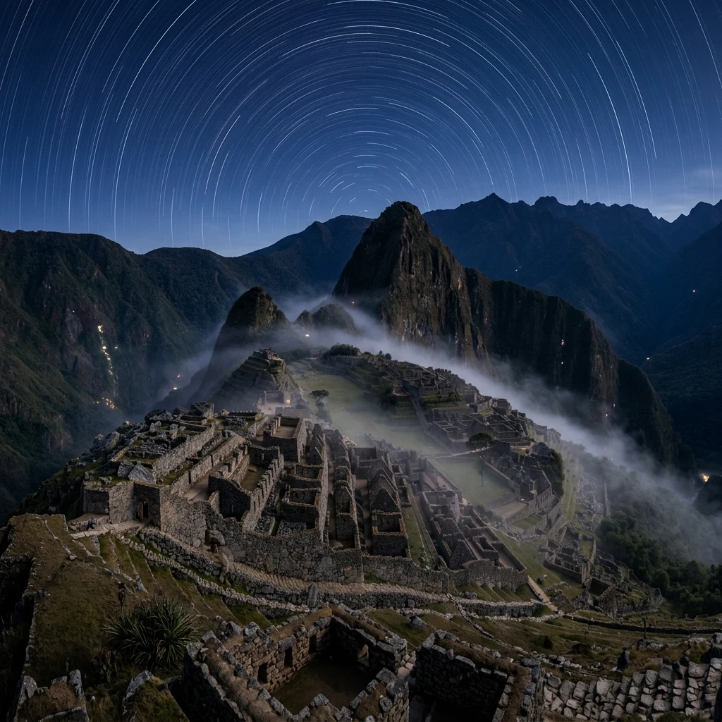 A long-exposure photograph of an abandoned stone Inca ruin on a ridge at blue hour