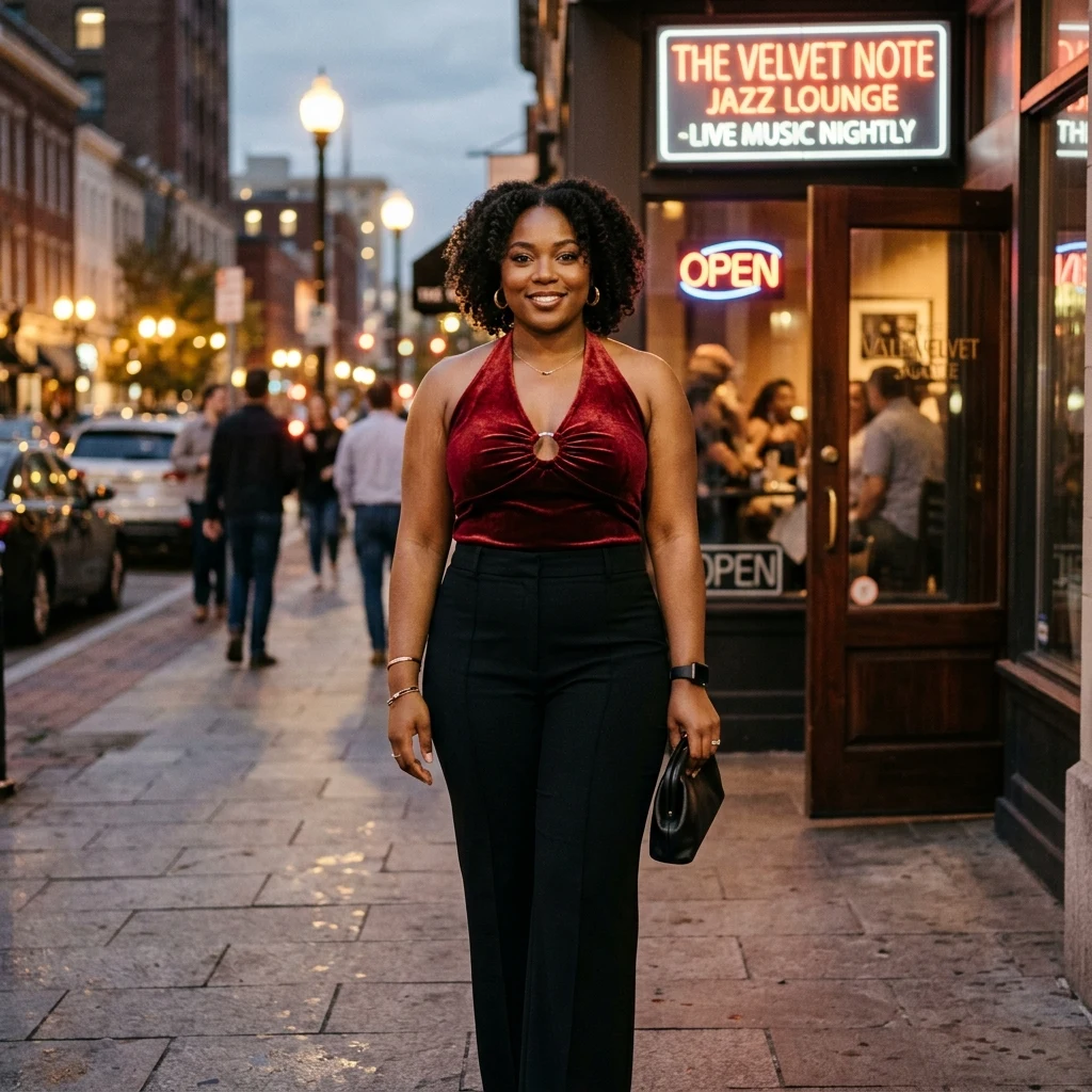 Stylish woman at a city jazz lounge