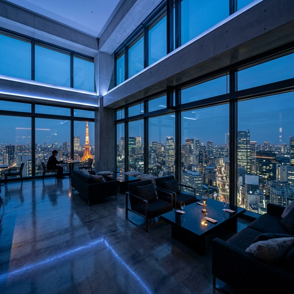 Modern lounge overlooking a glowing city skyline