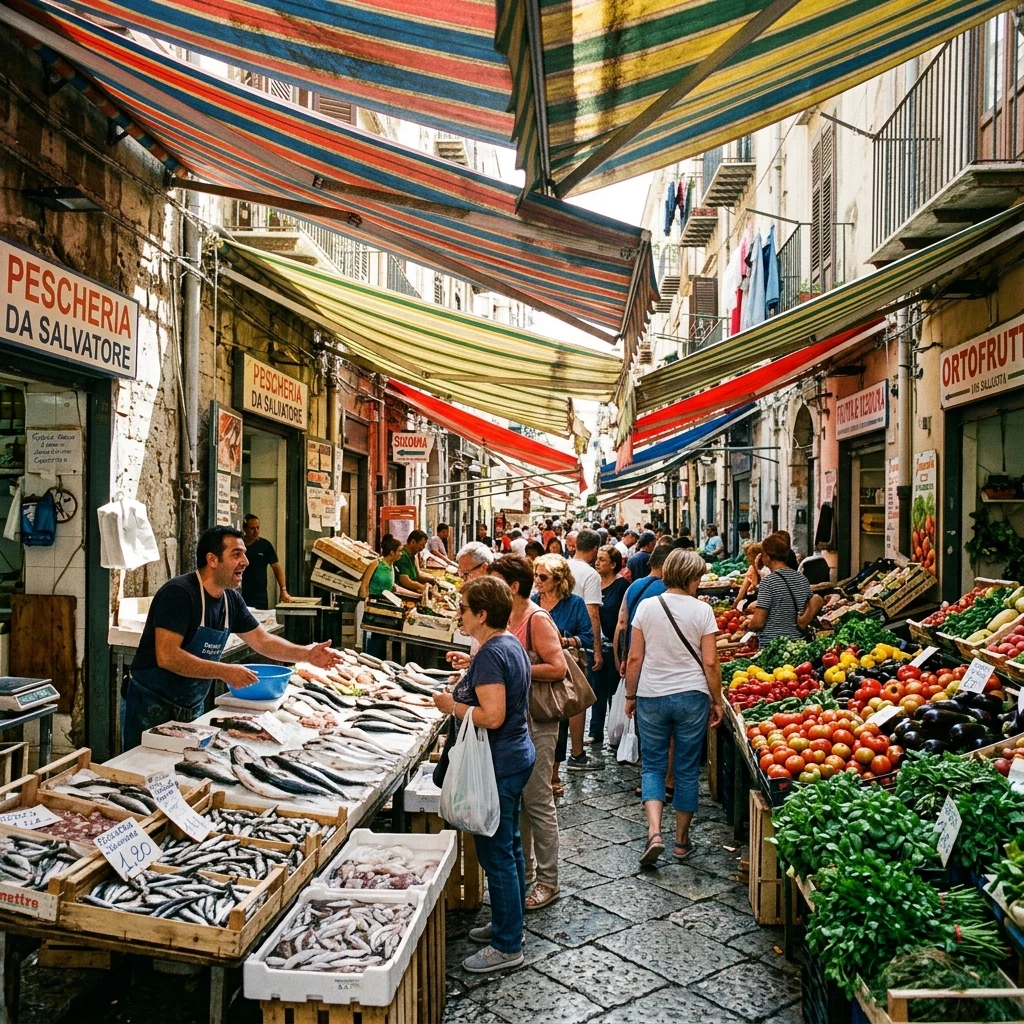 A bustling fish and vegetable market in Palermo
