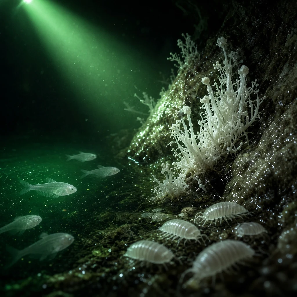 A subterranean river bank covered in rare blind cave fauna and white fungi