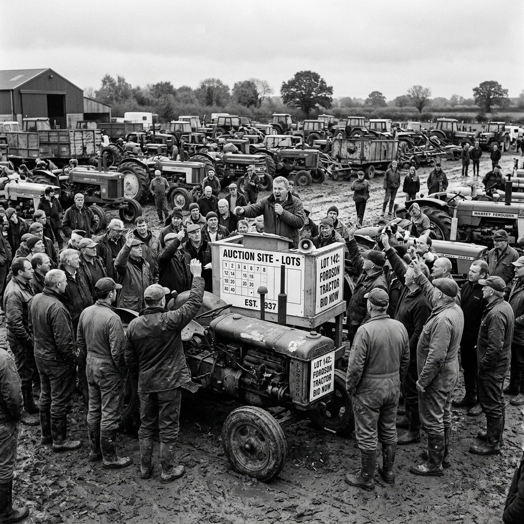 Farmers gathered at a vintage tractor auction