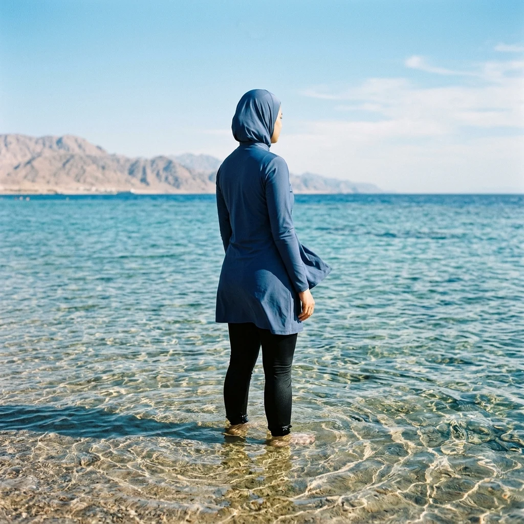 A modest burkini swimsuit in slate blue and black