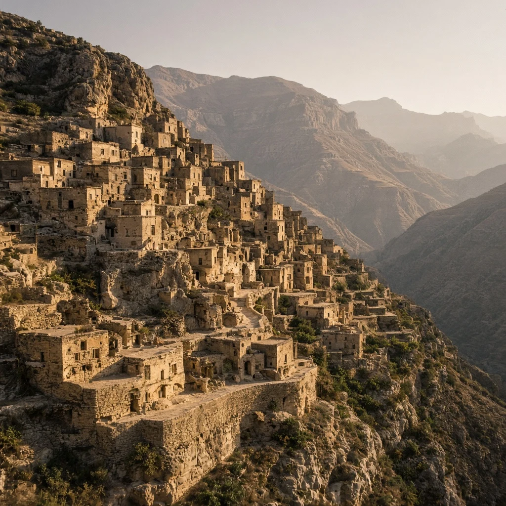 Ancient stone village built into mountain cliffs