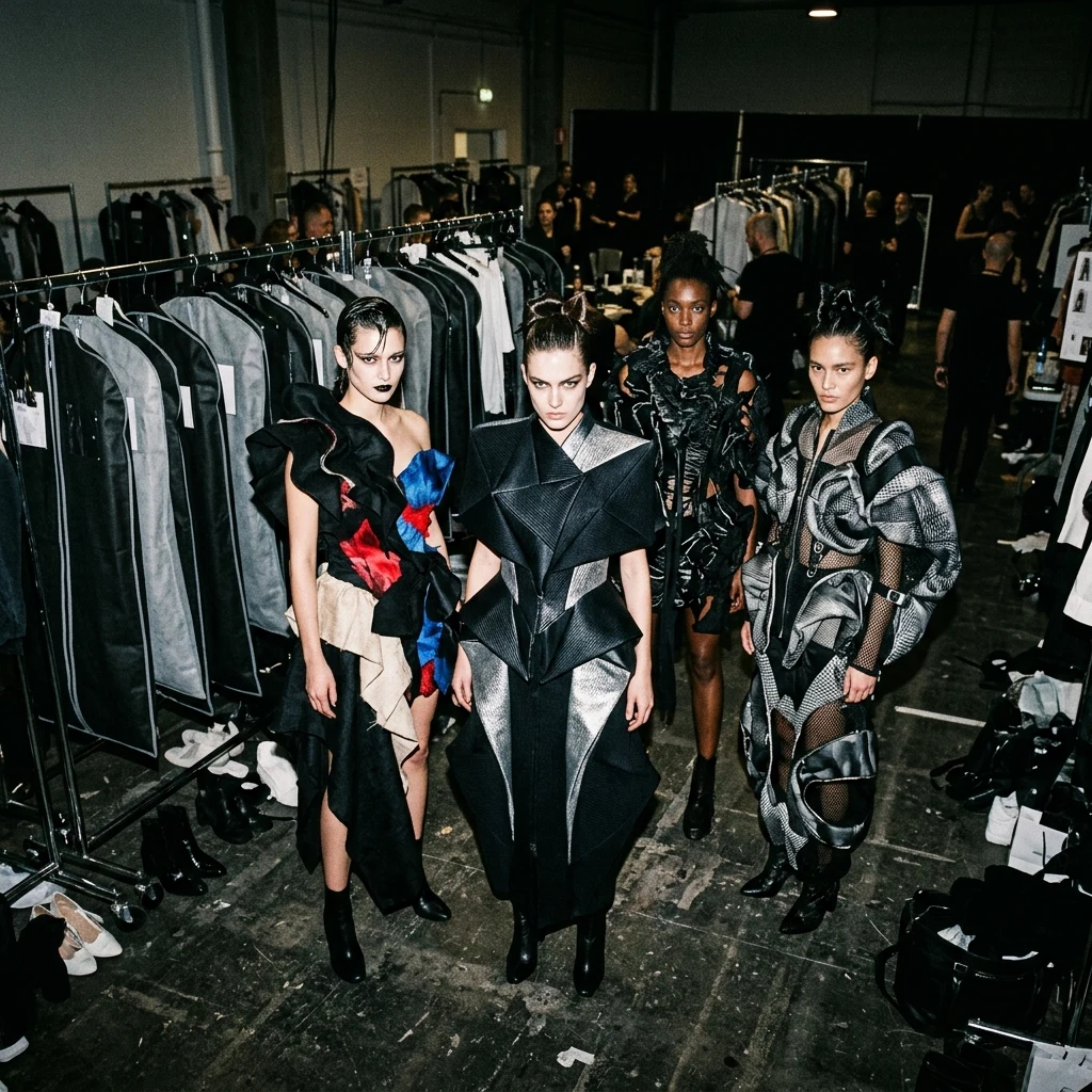 A direct-flash backstage press photograph at a couture runway show